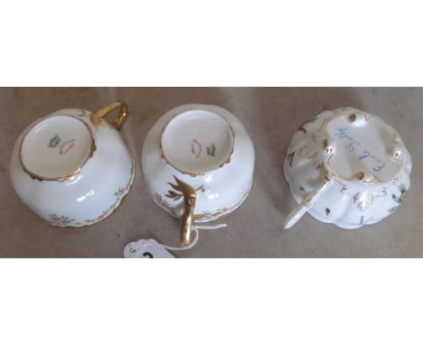 Two Limoges de Havilland floral tea cups, another marked Ecole Sully and pair of George Jones &amp; Son crescent plates exoti