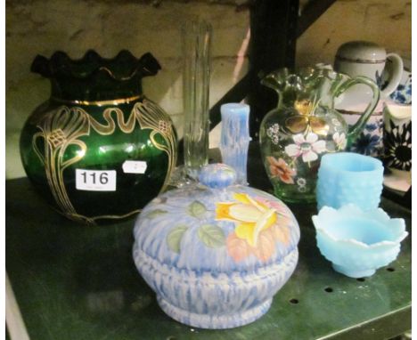 Two Victorian fluorescent 'Thorn' vases, a hand enamelled French water jug circa 1910, an Art Nouveau Austrian Art Nouveau gr