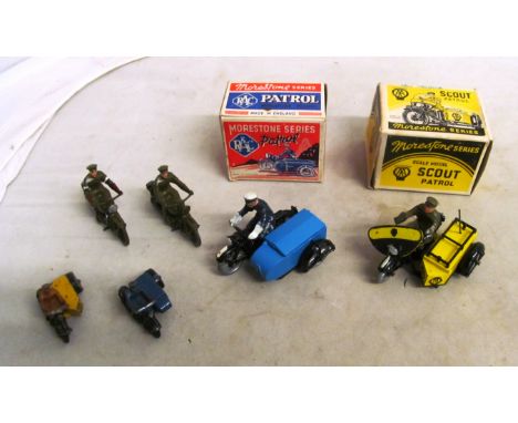 An AA motorbike with side cars and an RAC (both boxed), two others with side cars and two army motorcycles