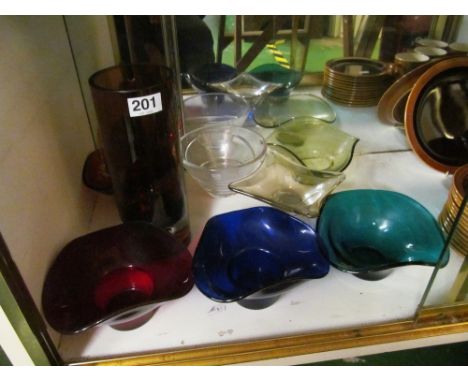 Various coloured glass bowls and a cylindrical vase