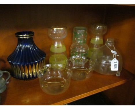 Two 1950's hyacinth vases, Victorian wasp trap, two finger bowls (a/f), modern Czech ribbed vase and carafe and glass