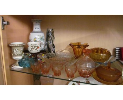 Some amber coloured glass, two Smarties cups, Oriental vase and a smoked glass vase