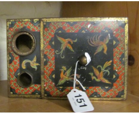 A tin inkwell chinoiserie design with lid to box and two side provisions for inkwell and pen holder both missing