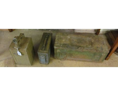 An AMC M10 mk1 11945 ammunition box, a 30 CAL ammunition box and an Esso Blue five litre can