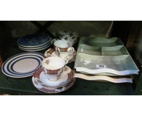 Two Poole Pottery hors d'oeuvres dishes, three Royal Standard Scottish trios, three B &amp; G Copenhagen plates and a Swinner