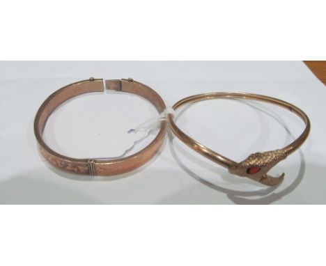 A 9ct gold bangle bracelet and a 9ct gold snake head bangle 15gms