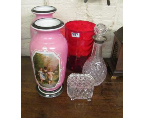 A red vase, silver rim decanter, box (a/f) and pair pink vases (worn)