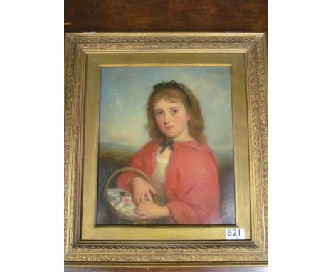 A 19th Century oil on canvas girl in red cloak with basket of eggs, signed indistinctly in gilt frame, en verso George Baxter