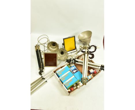 A COLLECTION OF VINTAGE STUDIO LIGHTING including an Iford square lamp, a similar but unbranded, 4 domed aluminium lights, tw