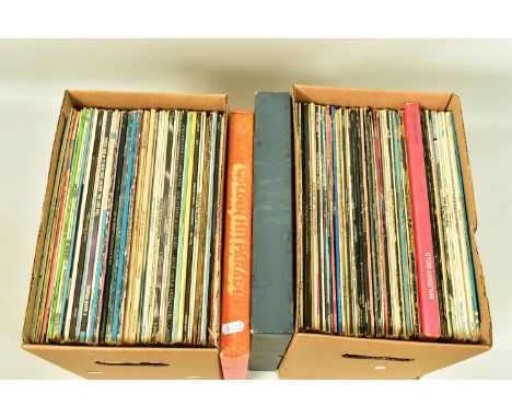 TWO TRAYS CONTAINING OVER ONE HUNDRED LPs by artists such as Rod Stewart, Abba, Queen, Elvis Presley, Buddy Holly, Dire Strai