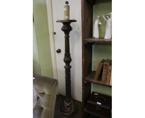 A LARGE CARVED &amp; PAINTED WOODEN STANDARD LAMP 