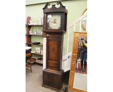 A 19TH CENTURY MIXED WOOD LONGCASE CLOCK with swan neck pediment, plain glass door and pilaster sides, part inlaid carcase, 6