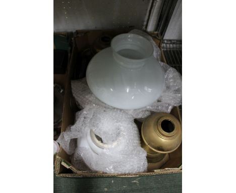 A BOX CONTAINING A SELECTION OF OIL LAMP PARTS &amp; SPARES 