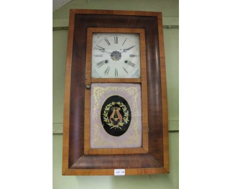 AN AMERICAN MAHOGANY &amp; ROSEWOOD CASED WALL HANGING CLOCK with reverse glass decorated panel 
