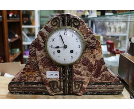 A ROUGE MARBLE ART DECO DESIGN MANTEL CLOCK 