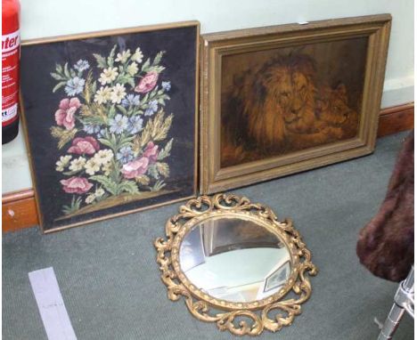 A LARGE OLEOGRAPH DEPICTING LIONS together with a gilt framed circular convex mirror, and a framed and glazed floral tapestry