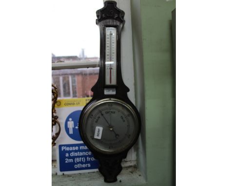 AN OAK BACKED BANJO BAROMETER THERMOMETER 