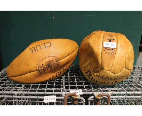 TWO REPRODUCTION VINTAGE LEATHER BALLS, one football, one rugby 