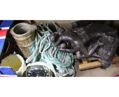 A BOX CONTAINING A SELECTION OF USEFUL &amp; COLLECTABLE DOMESTIC ITEMS to include; wooden canteen, model sculpture of Rodin'