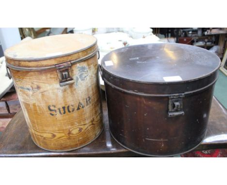 TWO VINTAGE CYLINDRICAL METAL BOXES one having wood effect, bearing the legend 'Sugar' 