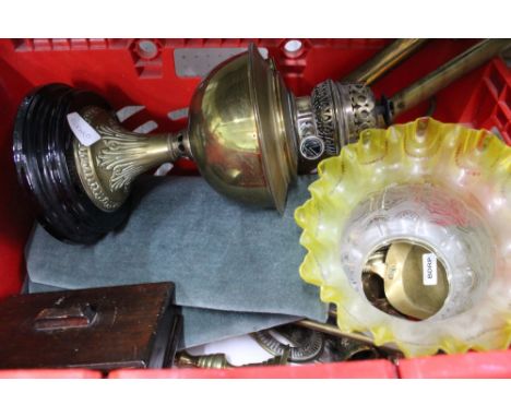 A CRATE CONTAINING A PART 19TH CENTURY BRASS BASED OIL LAMP &amp; SHADE, together with sundry other metalwares, etc. 