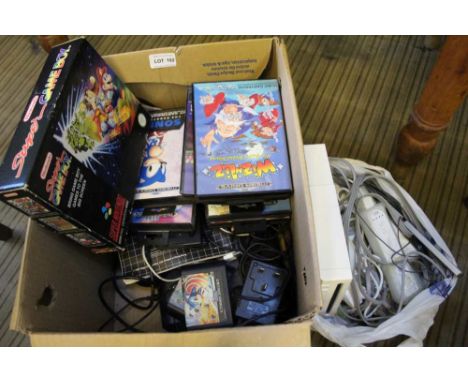 A BOX CONTAINING A SELECTION OF VINTAGE NINTENDO &amp; SEGA GAMING ACCESSORIES 