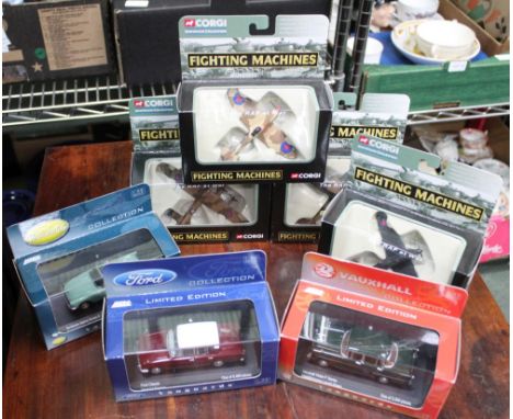 A BOX CONTAINING A SELECTION OF BOXED COLLECTOR'S DIE-CAST VEHICLES, Corgi Fighting Machines, cars &amp; planes 