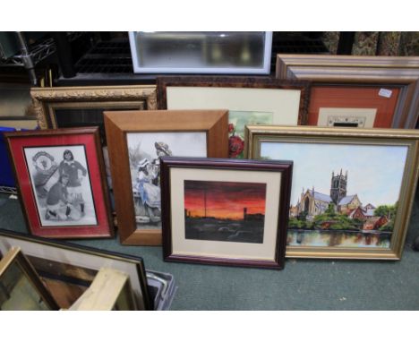 A SHELF CONTAINING A SELECTION OF DECORATIVE PICTURES &amp; PRINTS 