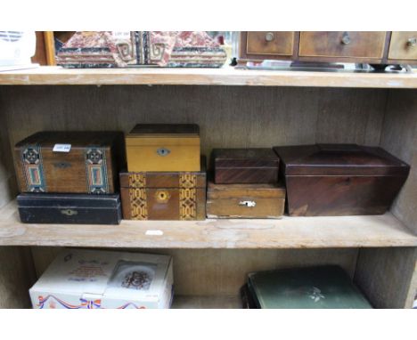 A SHELF CONTAINING PREDOMINANTLY 19TH CENTURY WOODEN BOXES VARIOUS 