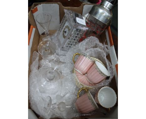 A BOX CONTAINING A ROYAL CROWN DERBY PART TEA SERVICE, glass mantel clock, 19th century cordial glass, etc. 