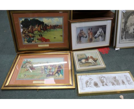 A selection of decorative pictures and prints, mostly Sporting nature to include a small oil on board portrait of a King Char