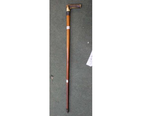 A MALACCA WALKING STICK, with antler handle and a probable silver collar 