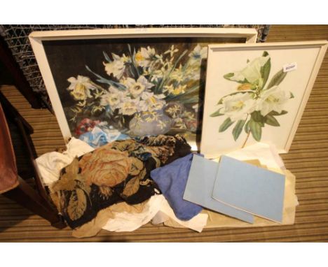 MARION BROOM, A WATERCOLOUR FLORAL STUDY together with a Riefel lily print, and tapestry making peripherals 