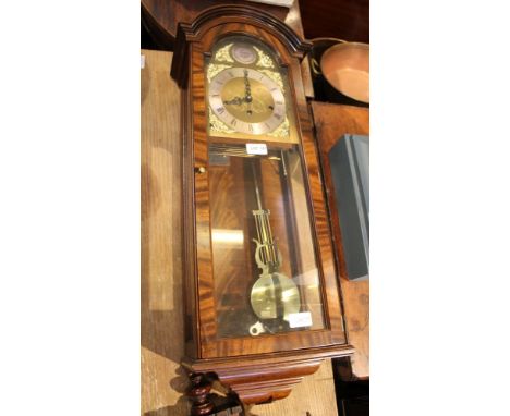 A REPRODUCTION MAHOGANY CASED VIENNESE STYLE HANGING WALL CLOCK with gong chime 