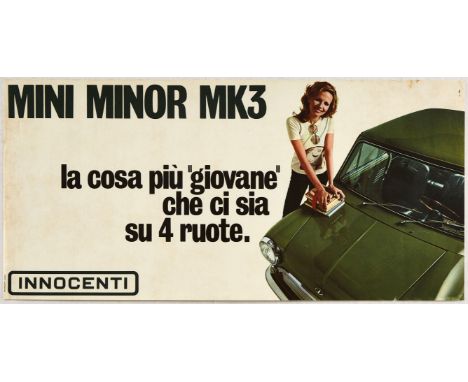 Original vintage advertising poster for the Mini Minor MK3 Innocenti - La cosa piu giovane che ci sia su 4 ruote. / The young