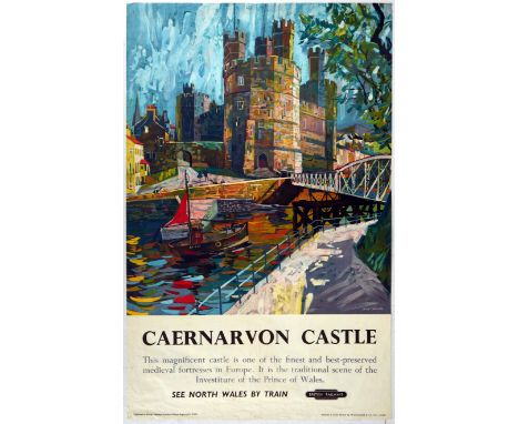 Original vintage travel poster for Caernarvon Castle issued by British Railways London Midland Region - See North Wales by Tr