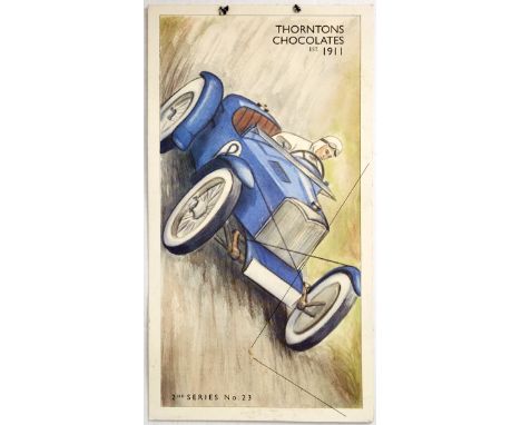 Vintage advertising poster for Thorntons Chocolates featuring a dynamic sport illustration of a man driving a blue race car w