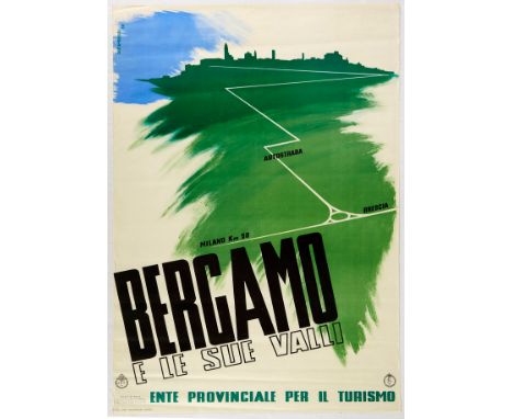 Original vintage travel poster for Bergamo and its Valleys issued by ENITprovincial body of tourism. Great Modernist design d