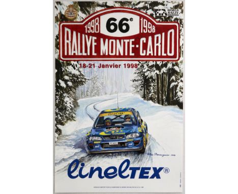 Original vintage motorsport poster for the 66 Monte Carlo Rally in 1998 taking place between 18 - 21 January - Dynamic illust