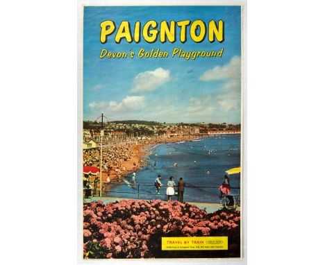 Original vintage travel poster for Paignton - Devon's Golden Playground - Great image features a sandy beach filled with holi