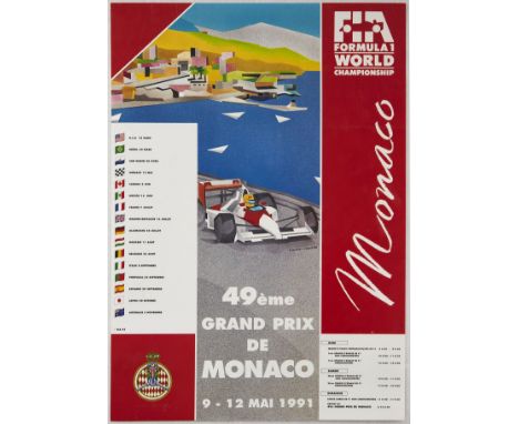 Original vintage motorsport poster for the 49 Grand Prix in Monaco that took place between 9 and the 12 May 1991. Great image