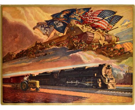 Original vintage World War Two poster from a calendar for the Pennsylvania Railroad featuring a dynamic painting by Dean Corn