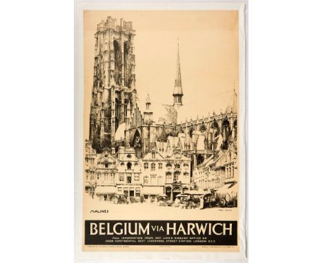 Original vintage travel poster for Belgium via Harwich issued by London and North Eastern Railway LNER - Great artwork by Fre
