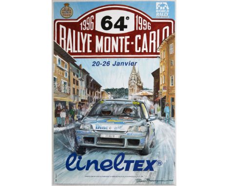 Original vintage motorsport poster for the 64 Monte Carlo Rally in 1996 taking place between 20 - 26 January - Dynamic illust