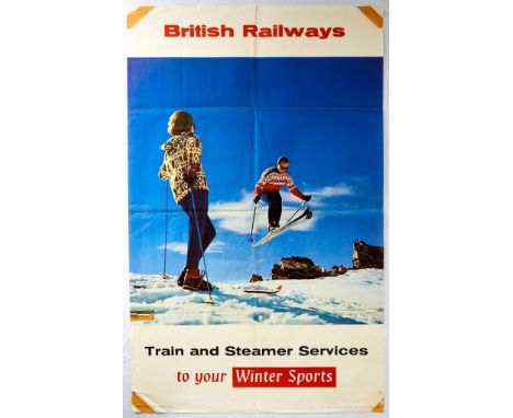 Original vintage travel poster issued by the British Railways to promote travel to ski destinations in Europe - train and ste