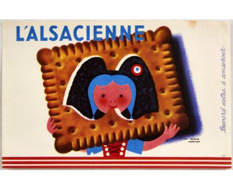 Group of 4 original vintage French product advertising small posters.  1. L'Alsacienne Biscuits poster designed by Herve Morv