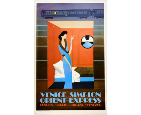 Original vintage railway travel advertising poster for the Venice Simplon Orient Express London Paris Milano Venezia featurin