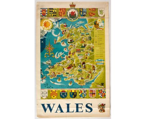 Original vintage travel poster featuring a pictoral map of Wales including great illustrations by Frederick Griffin such as p