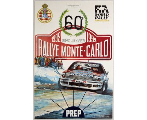Original vintage motorsport poster for the 60 Monte Carlo Rally in 1992 taking place between 23 - 30 January - Dynamic illust
