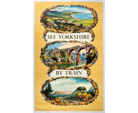 Original vintage travel poster See Yorkshire by Train featuring great artwork by Alan Carr Linford depicting three scenes fra